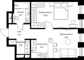 Планировка однокомнатной(квартира) площадью 46 квадратных метров в “ЖК Сити Бэй”