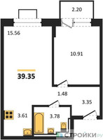 Планировка однокомнатной(квартира) площадью 39.35 квадратных метров в “ЖК Богдановский Лес”
