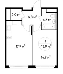 Планировка однокомнатной(квартира) площадью 43.9 квадратных метров в ЖК “ЖК Переделкино Ближнее”