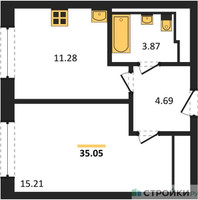 Планировка однокомнатной(квартира) площадью 35.05 квадратных метров в “ЖК Егорово Парк”
