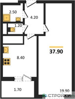 Планировка однокомнатной(квартира) площадью 37.9 квадратных метров в “ЖК Одинцово Сити”