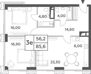 Планировка трехкомнатной(квартира) площадью 85.6 квадратных метров в ЖК “ЖК Will Towers (Вилл Тауэрс)”