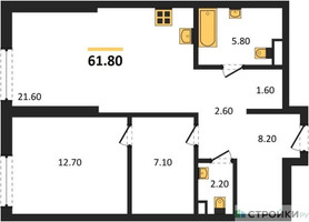 Планировка однокомнатной(квартира) площадью 61.8 квадратных метров в “ЖК Крылатская 33”