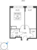 Планировка однокомнатной(апартаменты) площадью 37.07 квадратных метров в “ЖК Волковская 67”