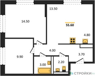 Планировка двухкомнатной(квартира) площадью 55.6 квадратных метров в ЖК “ЖК Молжаниново”