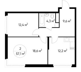 Планировка двухкомнатной(квартира) площадью 57.1 квадратных метров в ЖК “ЖК Переделкино Ближнее”