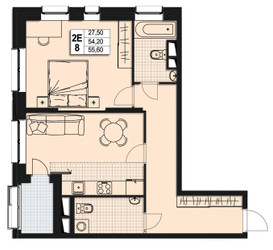 Планировка двухкомнатной(квартира) площадью 53.7 квадратных метров в ЖК “ЖК Атлантис”
