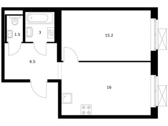 Планировка однокомнатной(квартира) площадью 42.2 квадратных метров в ЖК “ЖК Люблинский парк”