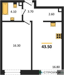Планировка однокомнатной(квартира) площадью 43.5 квадратных метров в ЖК “ЖК Шагал”
