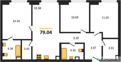 Планировка трехкомнатной(квартира) площадью 79.04 квадратных метров в ЖК “ЖК "Гранд Фили"”