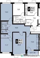 Планировка трехкомнатной(квартира) площадью 84.2 квадратных метров в “ЖК 1-й Шереметьевский (Первый Шереметьевский)”