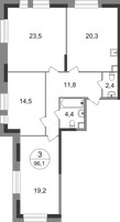 Планировка трехкомнатной(квартира) площадью 96.1 квадратных метров в “ЖК Первый Московский”