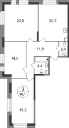 Планировка трехкомнатной(квартира) площадью 96.1 квадратных метров в ЖК “ЖК Первый Московский”