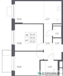 Планировка двухкомнатной(квартира) площадью 55.53 квадратных метров в ЖК “ЖК Прибрежный Парк”