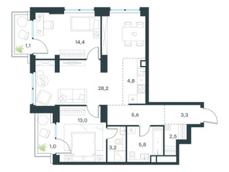 Планировка трехкомнатной(квартира) площадью 82.9 квадратных метров в ЖК “ЖК Левел Звенигородская”