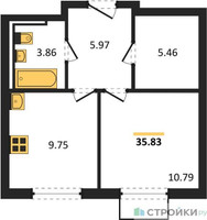 Планировка однокомнатной(квартира) площадью 35.83 квадратных метров в “ЖК Мытищи Парк”