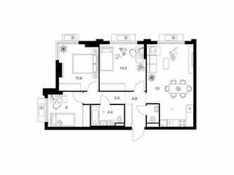 Планировка трехкомнатной(квартира) площадью 73.2 квадратных метров в ЖК “ЖК Белая Дача парк”