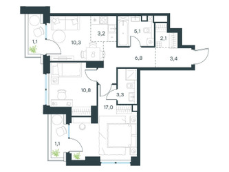 Планировка трехкомнатной(квартира) площадью 64.2 квадратных метров в ЖК “ЖК Level Звенигородская”