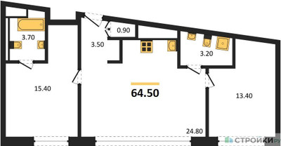 Планировка двухкомнатной(квартира) площадью 64.5 квадратных метров в “ЖК Остров”