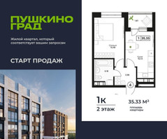 Планировка однокомнатной(квартира) площадью 35.33 квадратных метров в “ЖК Пушкино Град”