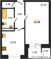 Планировка однокомнатной(квартира) площадью 41.9 квадратных метров в “ЖК Три квартала”
