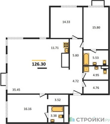 Планировка трехкомнатной(квартира) площадью 126.3 квадратных метров в “ЖК Tophills (ТопХиллс)”
