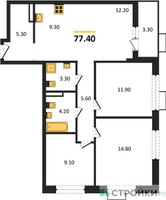 Планировка трехкомнатной(квартира) площадью 77.4 квадратных метров в “ЖК Дзен-кварталы”