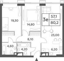 Планировка трехкомнатной(квартира) площадью 80.2 квадратных метров в “ЖК Will Towers (Вилл Тауэрс)”