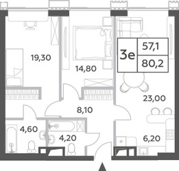 Планировка трехкомнатной(квартира) площадью 80.2 квадратных метров в ЖК “ЖК Will Towers (Вилл Тауэрс)”