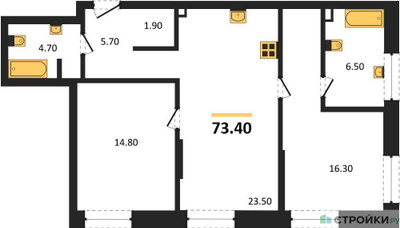 Планировка двухкомнатной(квартира) площадью 73.4 квадратных метров в ЖК “ЖК STONE Rise (Райз)”