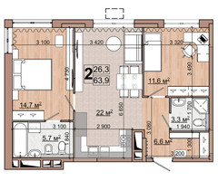 Планировка двухкомнатной(квартира) площадью 63.9 квадратных метров в “ЖК Гранд Комфорт”
