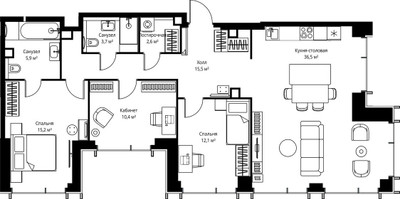 Планировка трехкомнатной(квартира) площадью 101.9 квадратных метров в ЖК “ЖК Веер”