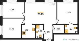 Планировка трехкомнатной(квартира) площадью 78.15 квадратных метров в “ЖК TATE (Тэйт)”