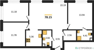 Планировка трехкомнатной(квартира) площадью 78.15 квадратных метров в ЖК “ЖК TATE (Тэйт)”