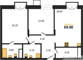 Планировка двухкомнатной(квартира) площадью 69 квадратных метров в “ЖК Резиденции Сколково”