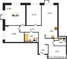 Планировка трехкомнатной(квартира) площадью 86.63 квадратных метров в “ЖК Пригород Лесное”
