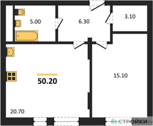 Планировка однокомнатной(квартира) площадью 50.2 квадратных метров в ЖК “ЖК Переделкино Ближнее”