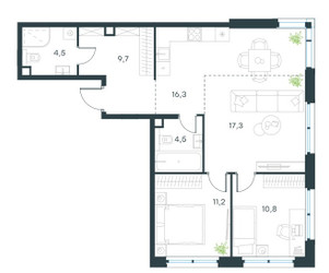 Планировка трехкомнатной(квартира) площадью 74.3 квадратных метров в ЖК “ЖК Level Селигерская”