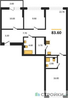 Планировка трехкомнатной(квартира) площадью 83.6 квадратных метров в “ЖК Первый квартал”