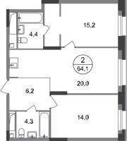Планировка двухкомнатной(квартира) площадью 64.1 квадратных метров в “ЖК Первый Московский”