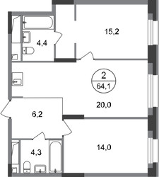 Планировка двухкомнатной(квартира) площадью 64.1 квадратных метров в ЖК “ЖК Первый Московский”