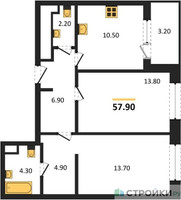 Планировка двухкомнатной(квартира) площадью 57.9 квадратных метров в “Жилые кварталы Белый Град”