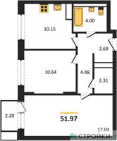Планировка двухкомнатной(квартира) площадью 51.97 квадратных метров в “ЖК Прибрежный Парк”