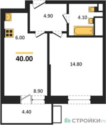Планировка однокомнатной(квартира) площадью 40 квадратных метров в ЖК “ЖК Союзный”