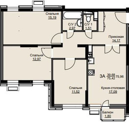 Планировка трехкомнатной(квартира) площадью 77 квадратных метров в ЖК “ЖК Соболевка”