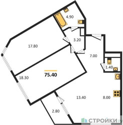 Планировка двухкомнатной(квартира) площадью 75.4 квадратных метров в ЖК “ЖК Архитектор”