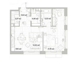 Планировка однокомнатной(квартира) площадью 62.43 квадратных метров в “Архитектурный проект Мыс”
