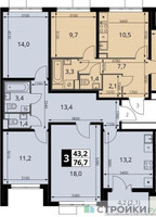 Планировка трехкомнатной(квартира) площадью 76.7 квадратных метров в “ЖК ЮЖНАЯ БИТЦА”