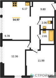 Планировка двухкомнатной(квартира) площадью 54.97 квадратных метров в ЖК “ЖК Остафьево”