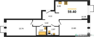 Планировка двухкомнатной(квартира) площадью 59.4 квадратных метров в “ЖК Квартал Ивакино”